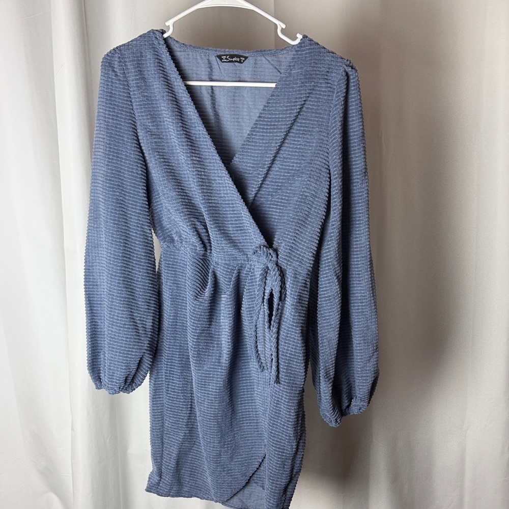 Simplee Light Blue Textured Wrap Top with Tie Waist